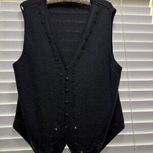 Vintage Herman Geist festive black wool & acrylic beaded front vest; Size XL